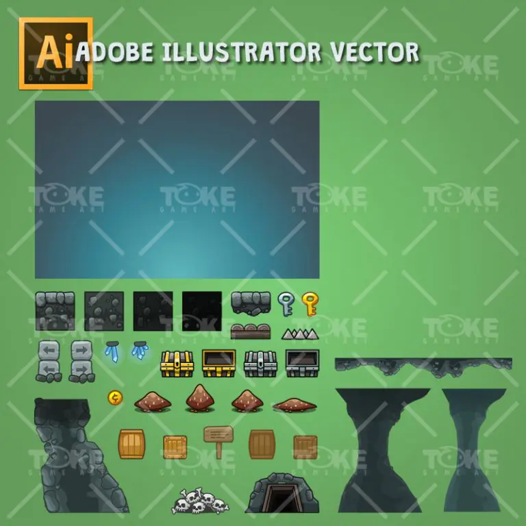 Cartoon Cave Platformer Tileset - Adobe Illustrator Vector Art Based