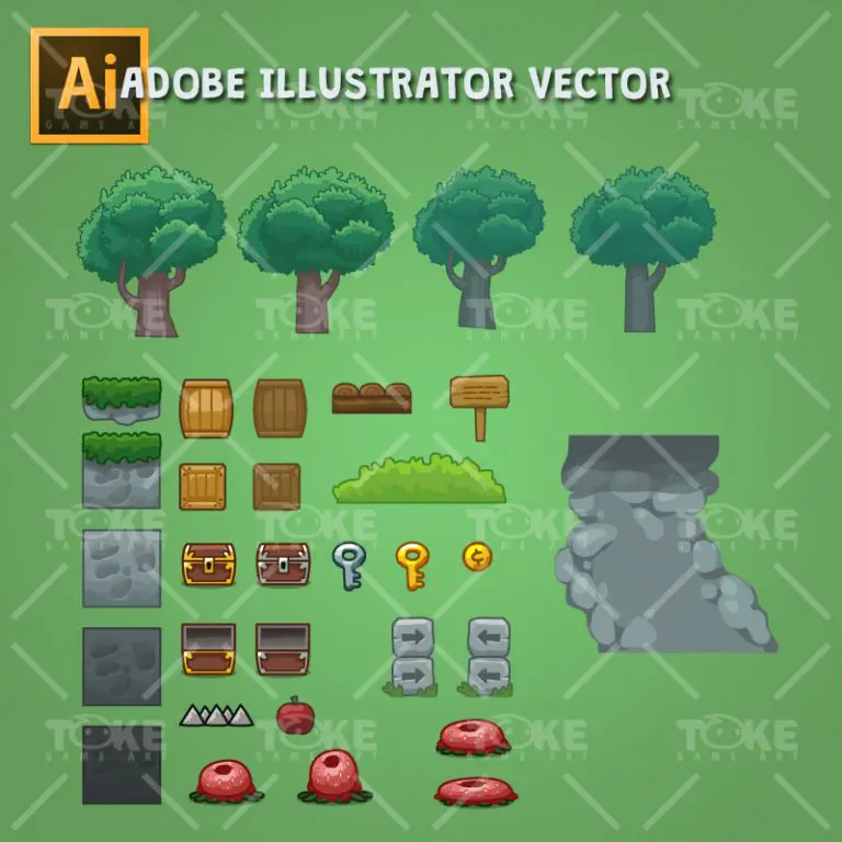 Cartoon Style Forest Platformer Tileset - Adobe Illustrator Vector Art Based