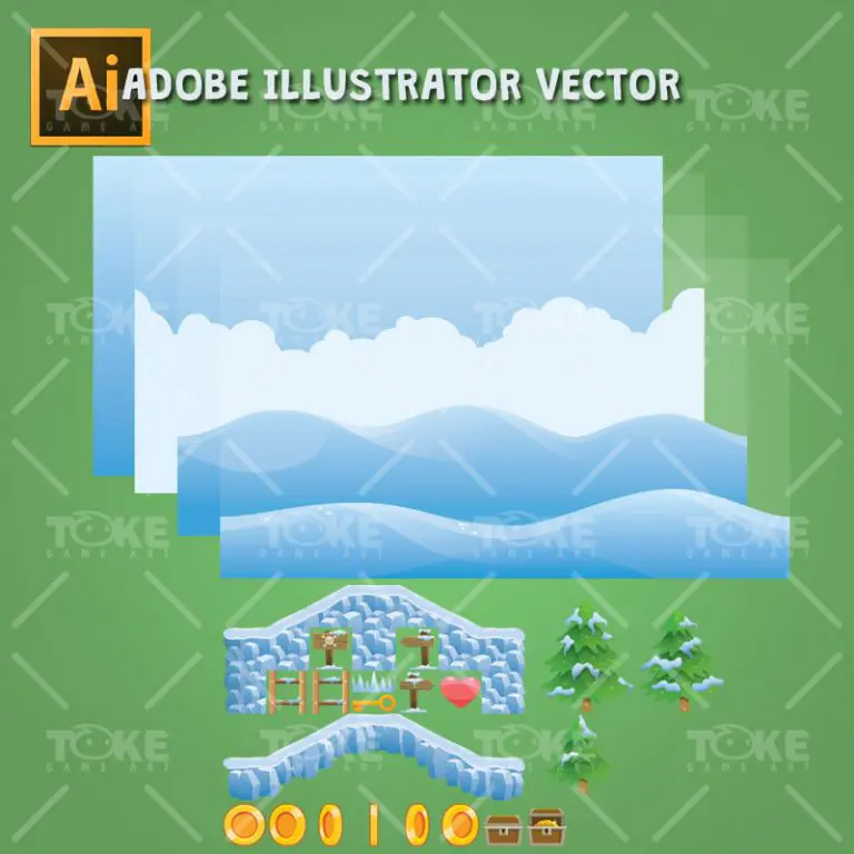 Snowy Game Tileset - Adobe Illustrator Vector Art Based