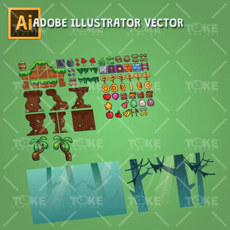 Cartoon Jungle Game Tileset - Adobe Illustrator Vector Art Based