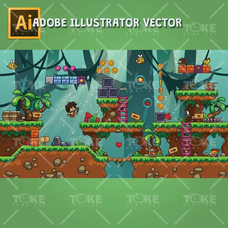Cartoon Jungle Game Tileset - Landscape Game Preview