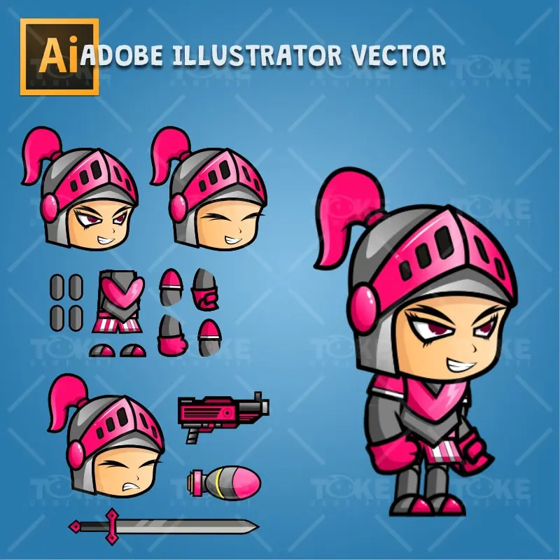 Girl Knight Game Character Sprite - Adobe Illustrator Vector Art Based Character