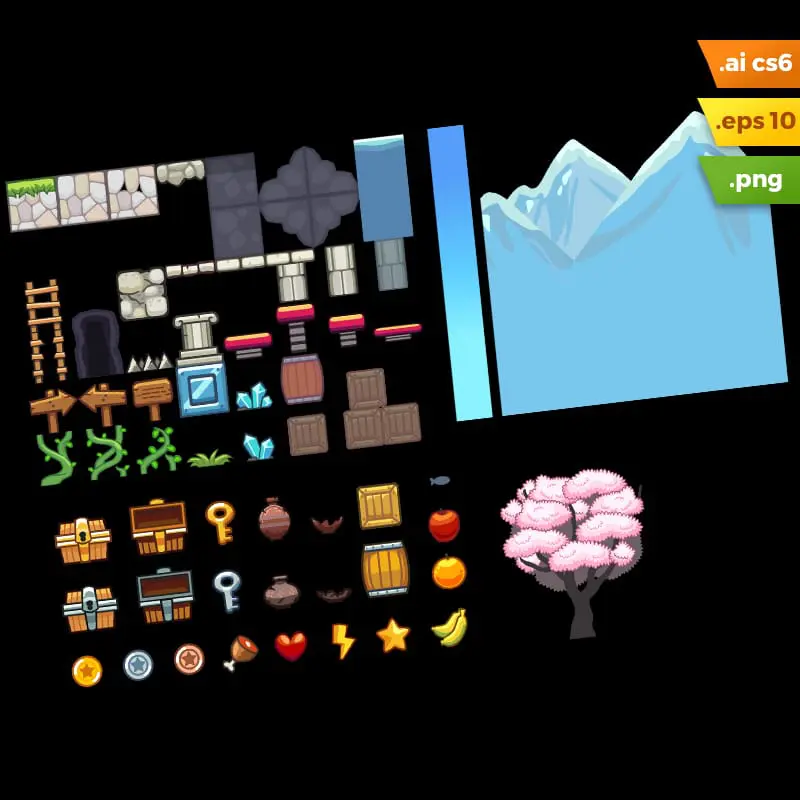 Sakura Garden Platformer Tileset - Adobe Illustrator Vector Art Game Level Set