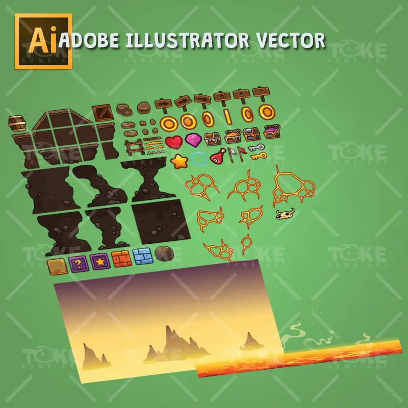 Volcano Level Set - Adobe Illustrator Vector Art Based Tileset