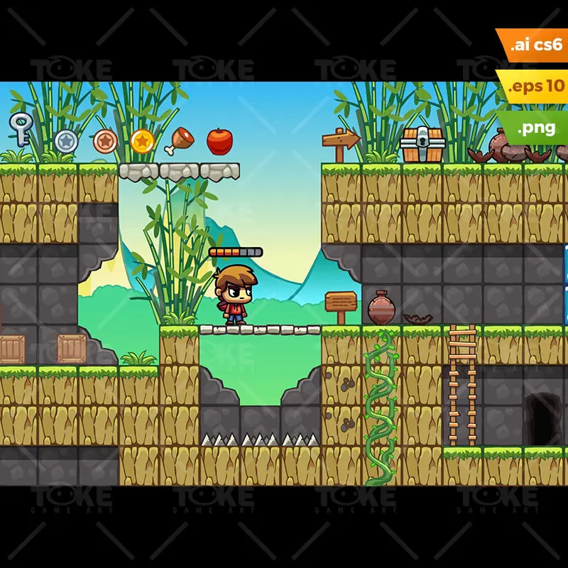 Bamboo Mountain Platformer Tileset - 2D Game Asset for Indie Game Developer