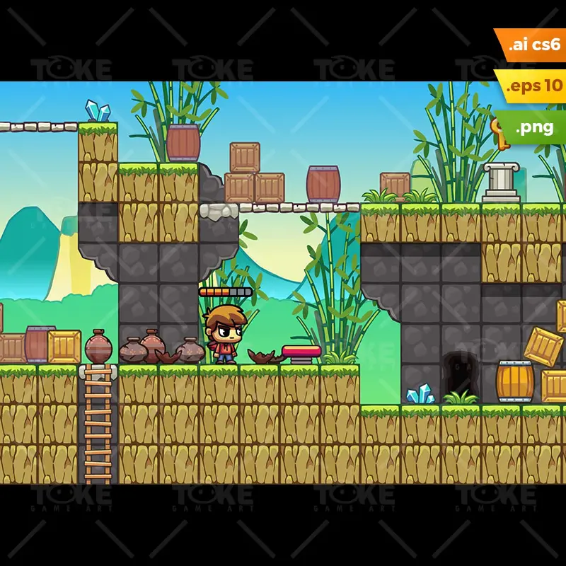 Bamboo Mountain Platformer Tileset - 2D Game Preview
