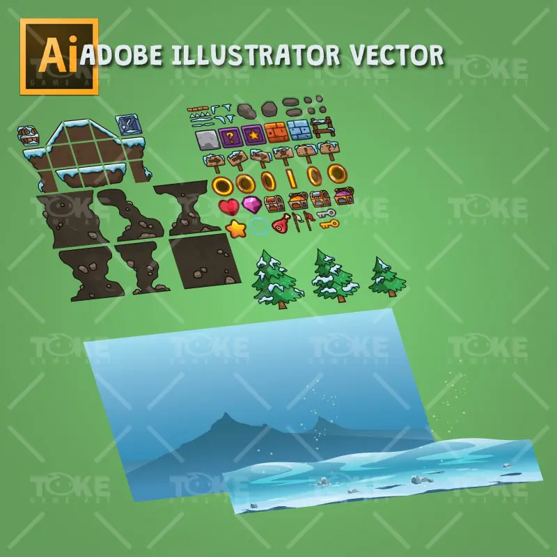 Snowy Game Level Set - Adobe Illustrator Vector Art Based
