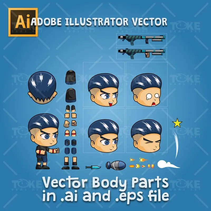 Aex - Boy 2D Game Character Sprite - Adobe Illustrator Vector Art Based