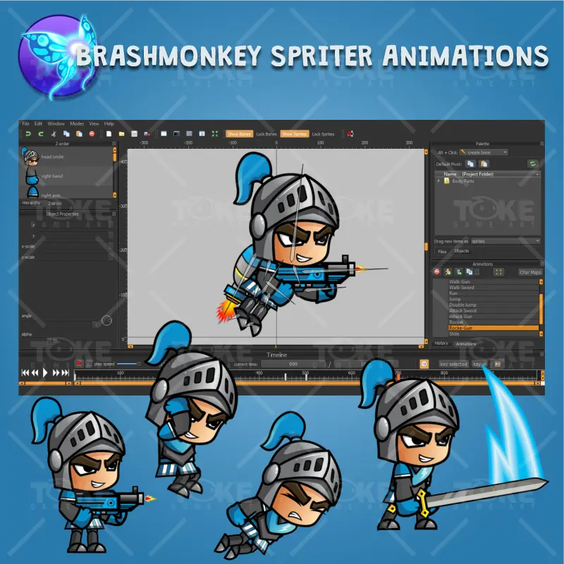 Blue Knight 2D Game Character Sprites - Brashmonkey Spriter Character Animation