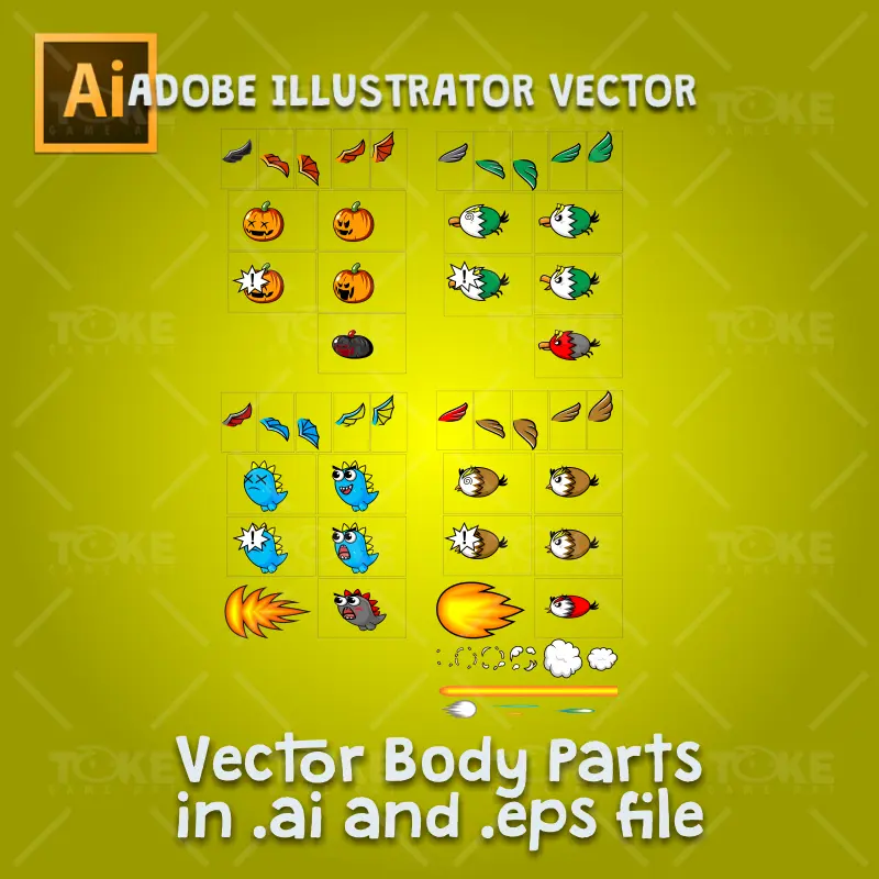 Flying Enemy 4 Pack - Adobe Illustrator Vector Art Based Character Body Parts