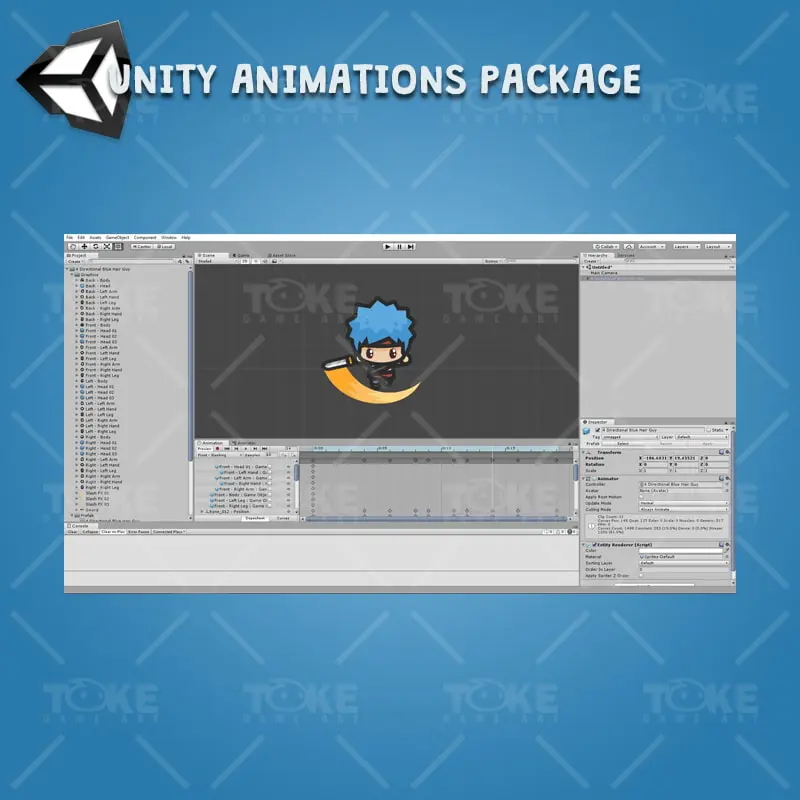 4 Directional Blue Hair Guy - Unity Character Animation Ready with Spriter2UnityDX Tool