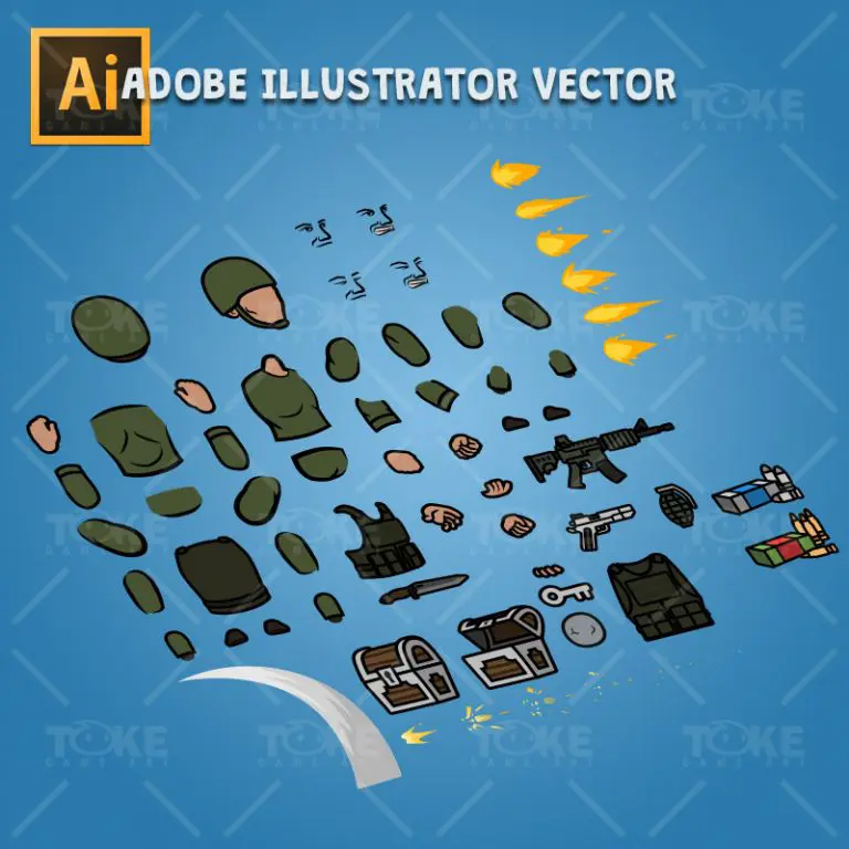 Green Army Guy - Adobe Illustrator Vector Art Based Character Body Parts