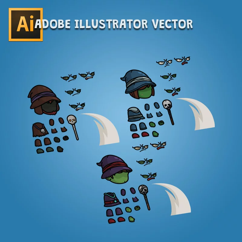 Goblin Witch 3-Packs Editable Adobe Illustrator Vector Art Based Character Sprite